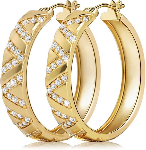 أقراط دائرية مكتنزة مطلية بالذهب عيار 14 قيراط للنساء، حلقات خفيفة الوزن مضادة للحساسية مقاس 25 مم مع زركونيا مكعب متقاطع، مثالية للارتداء اليومي والحفلات والهدايا in Kuwait