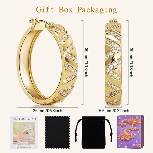 أقراط دائرية مكتنزة مطلية بالذهب عيار 14 قيراط للنساء، حلقات خفيفة الوزن مضادة للحساسية مقاس 25 مم مع زركونيا مكعب متقاطع، مثالية للارتداء اليومي والحفلات والهدايا in Kuwait