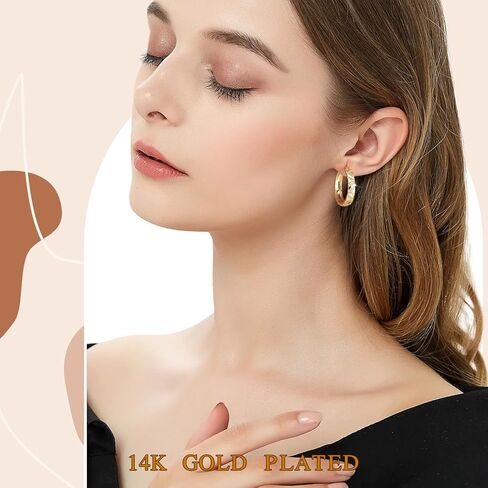 أقراط دائرية مكتنزة مطلية بالذهب عيار 14 قيراط للنساء، حلقات خفيفة الوزن مضادة للحساسية مقاس 25 مم مع زركونيا مكعب متقاطع، مثالية للارتداء اليومي والحفلات والهدايا in Kuwait