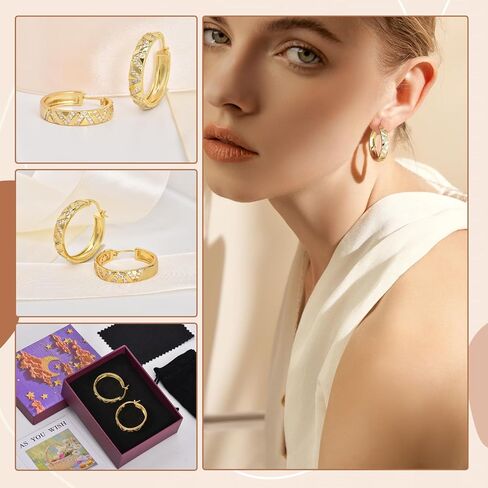 أقراط دائرية مكتنزة مطلية بالذهب عيار 14 قيراط للنساء، حلقات خفيفة الوزن مضادة للحساسية مقاس 25 مم مع زركونيا مكعب متقاطع، مثالية للارتداء اليومي والحفلات والهدايا in Kuwait