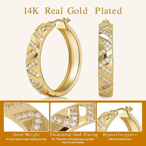 أقراط دائرية مكتنزة مطلية بالذهب عيار 14 قيراط للنساء، حلقات خفيفة الوزن مضادة للحساسية مقاس 25 مم مع زركونيا مكعب متقاطع، مثالية للارتداء اليومي والحفلات والهدايا in Kuwait