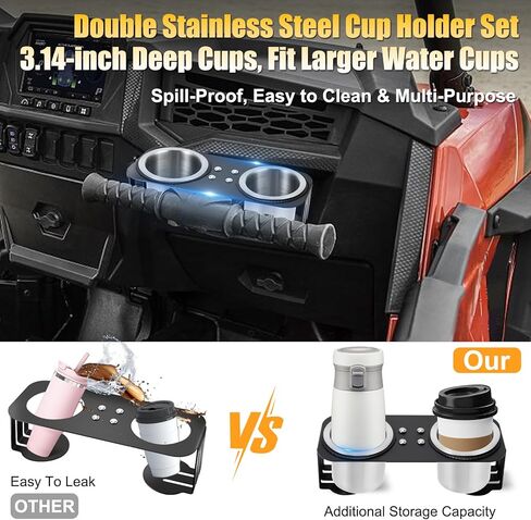 Grab Bar Dual Cup Holder for Honda Talon 1000R/X 2019-2023/1000X-4, with Two Stainless Steel Cups for Kawasaki Teryx KRX 1000 2020-2023, for Polaris RZR XP 1000/XP Turbo/800/900 2008-2023 in Kuwait