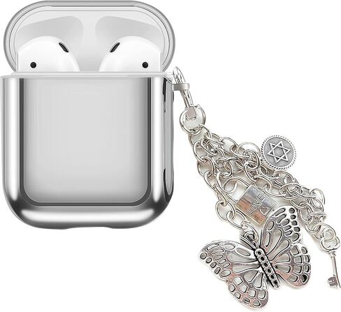 Case Compatible with AirPods 1 & 2 Cases, Shockproof Protective Cover Silver Plating Soft Skin with Mirror Love Heart Pendant Keychain 01 in Kuwait
