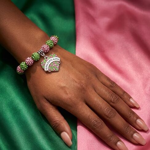AKA Sorority Gifts Bracelet, Letter Pendant Rhinestone Bracelet Bangle, Pink and Green Bead Bracelet, Greek Sorority Paraphernalia Jewelry Gifts for Women in Kuwait