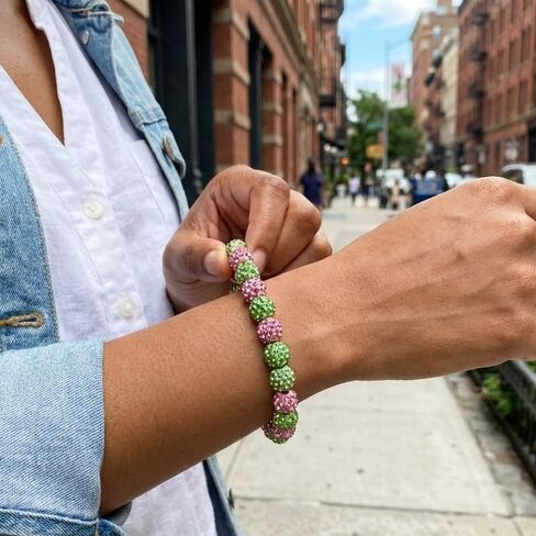 AKA Sorority Gifts Bracelet, Letter Pendant Rhinestone Bracelet Bangle, Pink and Green Bead Bracelet, Greek Sorority Paraphernalia Jewelry Gifts for Women in Kuwait