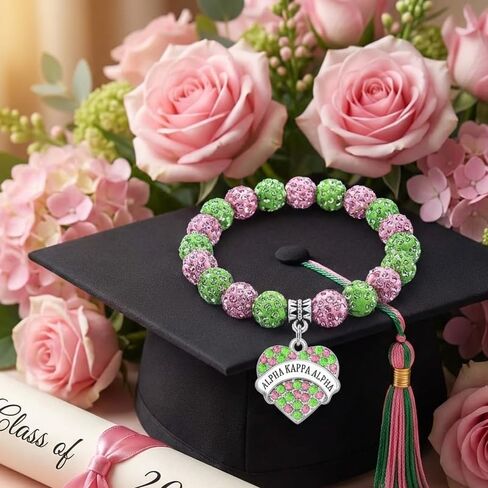 AKA Sorority Gifts Bracelet, Letter Pendant Rhinestone Bracelet Bangle, Pink and Green Bead Bracelet, Greek Sorority Paraphernalia Jewelry Gifts for Women in Kuwait