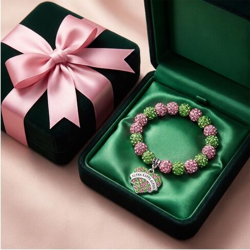 AKA Sorority Gifts Bracelet, Letter Pendant Rhinestone Bracelet Bangle, Pink and Green Bead Bracelet, Greek Sorority Paraphernalia Jewelry Gifts for Women in Kuwait