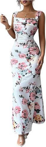 GORGLITTER Women's Boho Floral Maxi Dress Sleeveless Square Neck Bodycon Fishtail Wedding Guest Long Dresses in Saudi Arabia