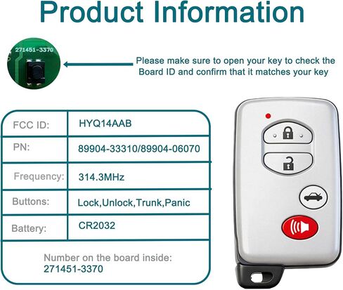 Smart Key Fob for Toyota Camry 2010-2012, FengRKey Remote Control Key Fob Compatible for Toyota Camry Avalon 2010-2012 HYQ14AAB 89904-06070 89904-06130 271451-3370 in Kuwait