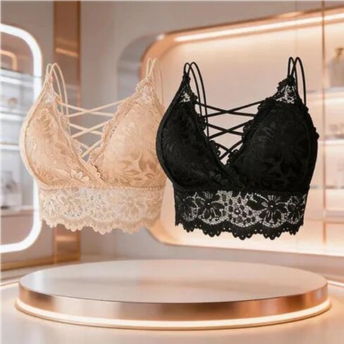 Lace Bralettes for Women 2 Pcs V Neck Floral Wireless Triangle Bra Strappy Cami Unpadded Crop Tops Outfits in Saudi Arabia