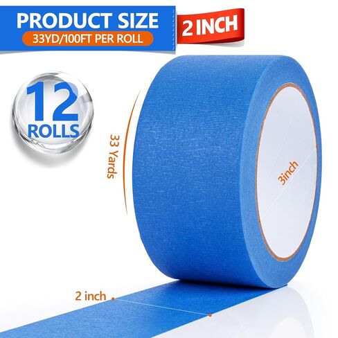 NEOACT 12 Rolls Blue Painters Tape 2 Inches Wide,100 FT Multi-Surface Masking Tape No Residue Painters Tape for Wall Painting,Labeling,Packing,DIY Craft Arts in Kuwait
