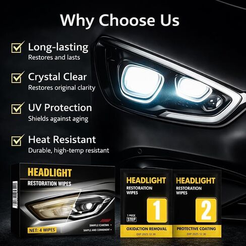مجموعة مناديل ترميم المصابيح الأمامية، منظف المصابيح الأمامية بخطوتين وطلاء واقي، يزيل الأكسدة والأصفرار، ويعيد الوضوح واللمعان، مناديل سهلة لتنظيف المصابيح الأمامية بدون أدوات (عبوتان) in Kuwait