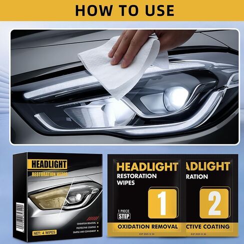 مجموعة مناديل ترميم المصابيح الأمامية، منظف المصابيح الأمامية بخطوتين وطلاء واقي، يزيل الأكسدة والأصفرار، ويعيد الوضوح واللمعان، مناديل سهلة لتنظيف المصابيح الأمامية بدون أدوات (عبوتان) in Kuwait