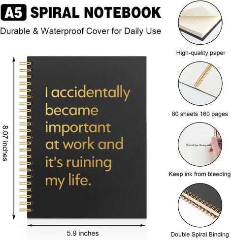 لقد أصبحت عن طريق الخطأ مهمًا في العمل دفتر ملاحظات حلزوني مبطن باللون الأسود والذهبي الأفقي، هدايا دفتر ملاحظات حلزونية مضحكة لتخفيف التوتر لزملاء العمل ومدير فريق العمل، مجلة مكتب ساخرة in Kuwait