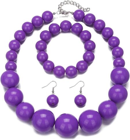 KZL Chunky Bead Jewelry Set for Women Colorful Round Acrylic Beaded Choker Necklace 80s Neon Drop Dangle Earrings Retro Large Beads Strand Bracelet Statement Jewelry in Saudi Arabia