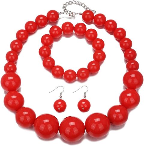 KZL Chunky Bead Jewelry Set for Women Colorful Round Acrylic Beaded Choker Necklace 80s Neon Drop Dangle Earrings Retro Large Beads Strand Bracelet Statement Jewelry in Saudi Arabia