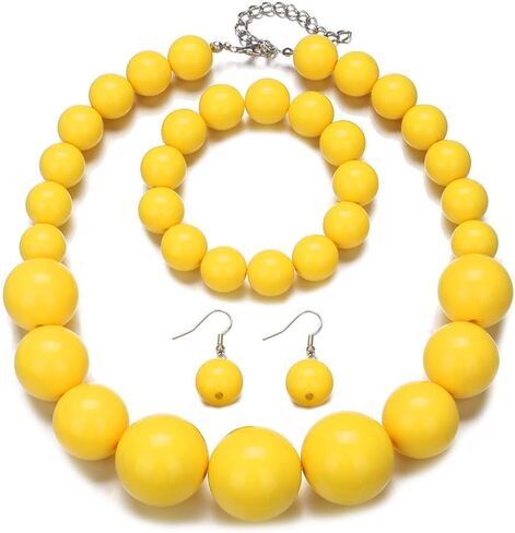 KZL Chunky Bead Jewelry Set for Women Colorful Round Acrylic Beaded Choker Necklace 80s Neon Drop Dangle Earrings Retro Large Beads Strand Bracelet Statement Jewelry in Saudi Arabia