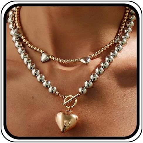 Chunky Two Tone Beaded Heart Necklace for Women Fashion Large Puffy Heart Ot Buckle Choker Layered Gold Silver Beads Necklaces Trendy Big Love Jewelry in Kuwait