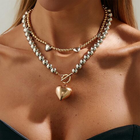 Chunky Two Tone Beaded Heart Necklace for Women Fashion Large Puffy Heart Ot Buckle Choker Layered Gold Silver Beads Necklaces Trendy Big Love Jewelry in Kuwait