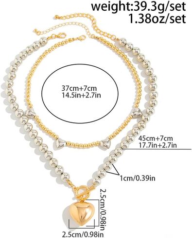 Chunky Two Tone Beaded Heart Necklace for Women Fashion Large Puffy Heart Ot Buckle Choker Layered Gold Silver Beads Necklaces Trendy Big Love Jewelry in Kuwait