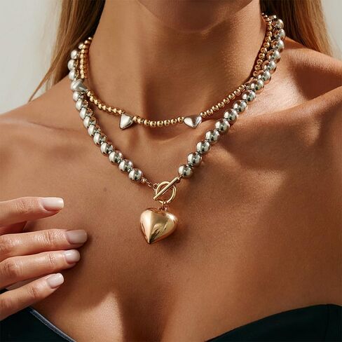 Chunky Two Tone Beaded Heart Necklace for Women Fashion Large Puffy Heart Ot Buckle Choker Layered Gold Silver Beads Necklaces Trendy Big Love Jewelry in Kuwait