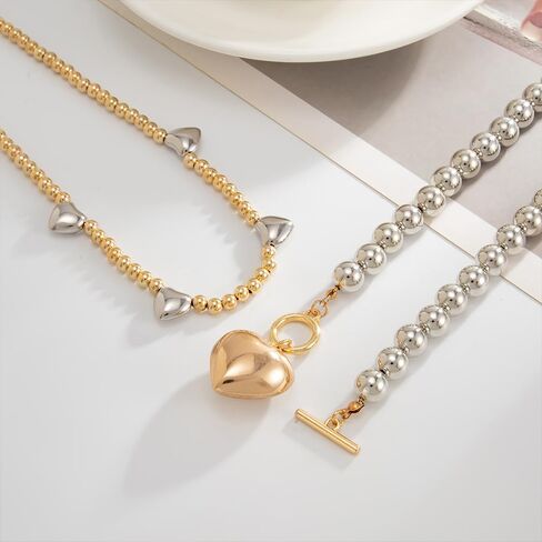 Chunky Two Tone Beaded Heart Necklace for Women Fashion Large Puffy Heart Ot Buckle Choker Layered Gold Silver Beads Necklaces Trendy Big Love Jewelry in Kuwait