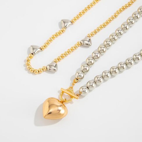 Chunky Two Tone Beaded Heart Necklace for Women Fashion Large Puffy Heart Ot Buckle Choker Layered Gold Silver Beads Necklaces Trendy Big Love Jewelry in Kuwait