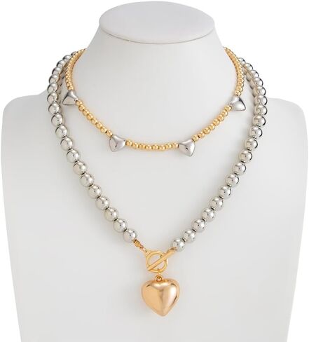 Chunky Two Tone Beaded Heart Necklace for Women Fashion Large Puffy Heart Ot Buckle Choker Layered Gold Silver Beads Necklaces Trendy Big Love Jewelry in Kuwait