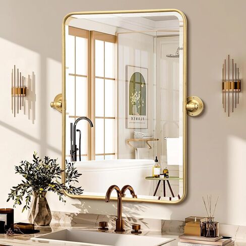 Besdomus Bathroom Gold Pivot Mirror: 20"x30" Farmhouse Beveled Tilt Vanity HD Mirror for Bathroom - Rectangular Gold Leafing Metal Framed for Horizontal/Vertical - Home Decor for Fashion-Conscious in Kuwait