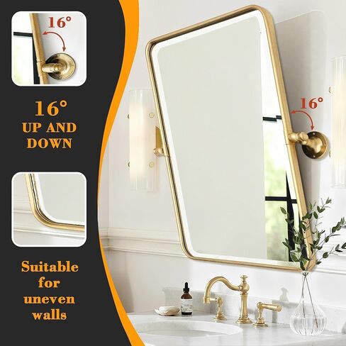 Besdomus Bathroom Gold Pivot Mirror: 20"x30" Farmhouse Beveled Tilt Vanity HD Mirror for Bathroom - Rectangular Gold Leafing Metal Framed for Horizontal/Vertical - Home Decor for Fashion-Conscious in Kuwait