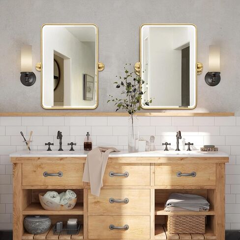 Besdomus Bathroom Gold Pivot Mirror: 20"x30" Farmhouse Beveled Tilt Vanity HD Mirror for Bathroom - Rectangular Gold Leafing Metal Framed for Horizontal/Vertical - Home Decor for Fashion-Conscious in Kuwait