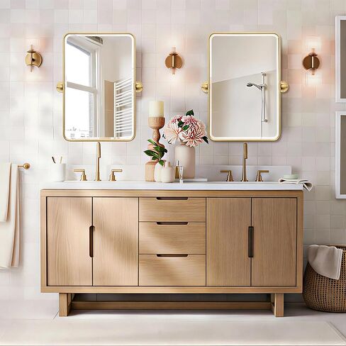 Besdomus Bathroom Gold Pivot Mirror: 20"x30" Farmhouse Beveled Tilt Vanity HD Mirror for Bathroom - Rectangular Gold Leafing Metal Framed for Horizontal/Vertical - Home Decor for Fashion-Conscious in Kuwait