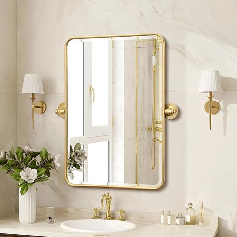 Besdomus Bathroom Gold Pivot Mirror: 20"x30" Farmhouse Beveled Tilt Vanity HD Mirror for Bathroom - Rectangular Gold Leafing Metal Framed for Horizontal/Vertical - Home Decor for Fashion-Conscious in Kuwait