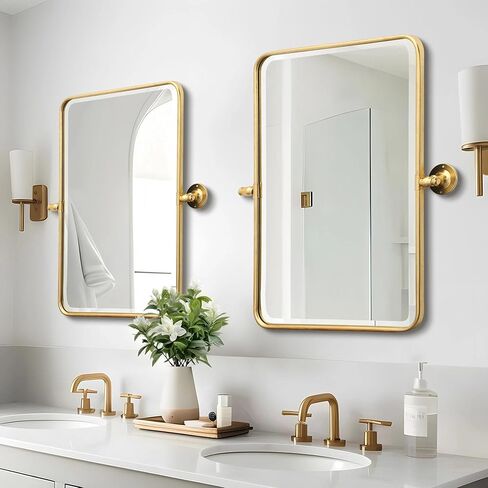 Besdomus Bathroom Gold Pivot Mirror: 20"x30" Farmhouse Beveled Tilt Vanity HD Mirror for Bathroom - Rectangular Gold Leafing Metal Framed for Horizontal/Vertical - Home Decor for Fashion-Conscious in Kuwait