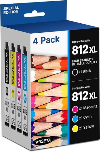 Wiseta 812XL Ink Cartridges Combo Pack High Yield Remanufactured Replacement for Epson 812XL T812XL Epson 812 T812 to use with WF-7820 WF-7840 WF-7310 EC-C7000 Printer with Scan, Copy(4 Pack, BCMY) in Kuwait
