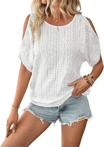 تي شيرت نسائي بأكتاف باردة وفتحة رقبة دائرية وأكمام تشبه جناح الخفاش تي شيرت صيفي منسوج غير رسمي بلوزة تونك in Kuwait