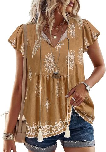 Vivilli Summer Tops for Women: Linen Shirts for Women - Womens Boho Tops Flowy Flutter Sleeve Peasnt Tunic Blouses Fringe Tie Front Trendy Top Work Casual Cruise Beach Vacation Outfits Resort Brown L in Kuwait