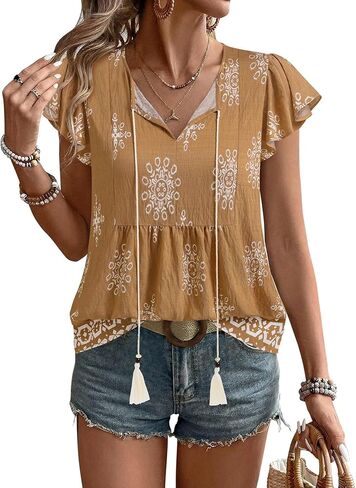 Vivilli Summer Tops for Women: Linen Shirts for Women - Womens Boho Tops Flowy Flutter Sleeve Peasnt Tunic Blouses Fringe Tie Front Trendy Top Work Casual Cruise Beach Vacation Outfits Resort Brown L in Kuwait
