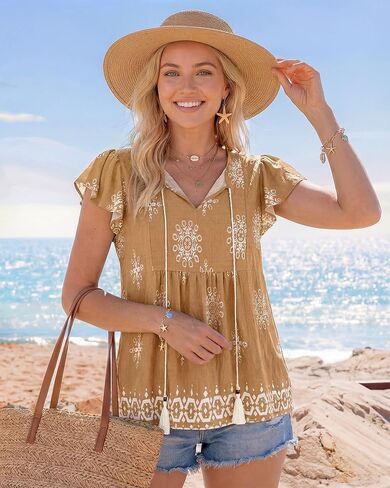 Vivilli Summer Tops for Women: Linen Shirts for Women - Womens Boho Tops Flowy Flutter Sleeve Peasnt Tunic Blouses Fringe Tie Front Trendy Top Work Casual Cruise Beach Vacation Outfits Resort Brown L in Kuwait