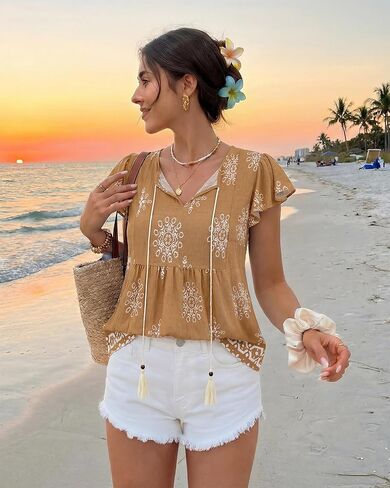 Vivilli Summer Tops for Women: Linen Shirts for Women - Womens Boho Tops Flowy Flutter Sleeve Peasnt Tunic Blouses Fringe Tie Front Trendy Top Work Casual Cruise Beach Vacation Outfits Resort Brown L in Kuwait