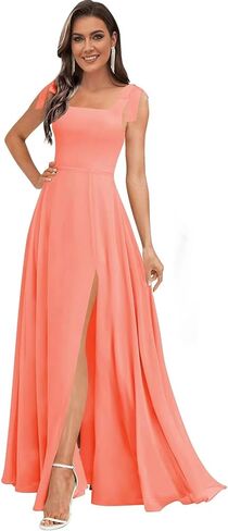 Chiffon Slit Bridesmaid Dresses Long for Women with Bow Square Neck Formal Party Gowns with Pockets 2026 in Kuwait