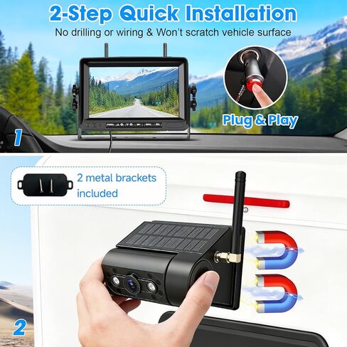 2 كاميرا احتياطية مغناطيسية تعمل بالطاقة الشمسية RV: 3 دقائق تثبيت 7 بوصات HD1080P IPS، قابلة لإعادة الشحن بدون أسلاك مقاومة للخدش ومقاومة للماء بالأشعة تحت الحمراء للرؤية الليلية كاميرا احتياطية لاسلكية للمقطورة والشاحنات والمركبات الترفيهية والتخييم in Kuwait