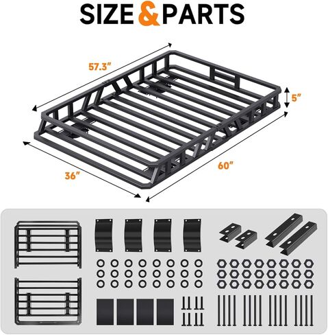 سلة بضائع برف السقف مقاس 60 بوصة × 36 بوصة × 5 بوصة بسعة 250 رطل، حامل بضائع على السطح من الفولاذ الكربوني لسيارات الدفع الرباعي/الشاحنة/السيارة in Kuwait