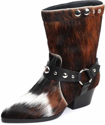 أحذية XOBZJH النسائية راعية البقر الغربية - أحذية رعاة البقر من جلد عجل أصلي لمنتصف الساق مع حزام سرج، مقدمة مدببة وكعب كتلة، أحذية عصرية لمهرجانات روديو in Kuwait