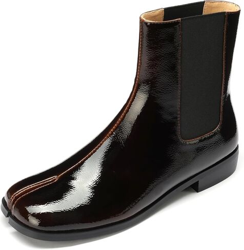 Split Toe Patent Leather Ankle Boots Chelsea Block Low Heels Short Bootie Slip-on Classic Elastic Neutral Booties in Kuwait