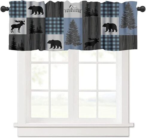 ريفي الستارة الستائر خمر مزرعة الدب موس الغزلان صورة ظلية الغابات مجلس خشبي أزرق رمادي أسود قضيب جيب الستار الستارة للمطبخ غرفة نوم غرفة المعيشة ديكور 1 لوحة W54xL18 بوصة in Kuwait