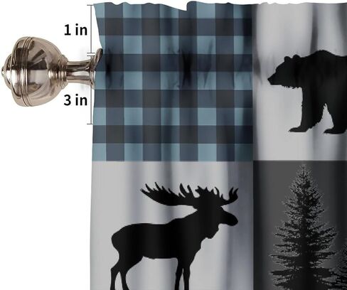 ريفي الستارة الستائر خمر مزرعة الدب موس الغزلان صورة ظلية الغابات مجلس خشبي أزرق رمادي أسود قضيب جيب الستار الستارة للمطبخ غرفة نوم غرفة المعيشة ديكور 1 لوحة W54xL18 بوصة in Kuwait