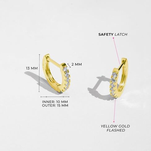 925 Sterling Silver Yellow Gold Flashed Classic Clear Cubic Zirconia Hoop Huggie Earrings for Young Girls - Small Hoop Earrings for Young Girls and Pre-teens in Saudi Arabia