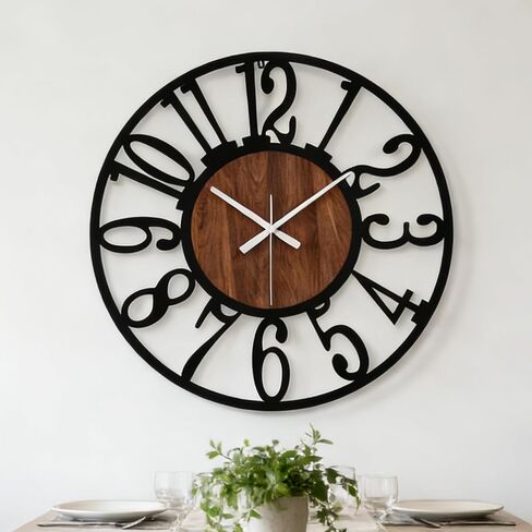 24 Inch Industrial Modern Vintage Wood Wall Clock with Iron Frame & Artful Cutout Numerals, Silent Non Ticking Battery Operated, Decorative for Farmhouse Living Room Home Décor Products in Saudi Arabia
