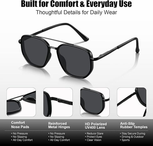 Polarized Aviator Sunglasses for Men, Square Metal Frame, TAC UV400 Anti-Glare Shades for Driving Golf Fishing in Kuwait